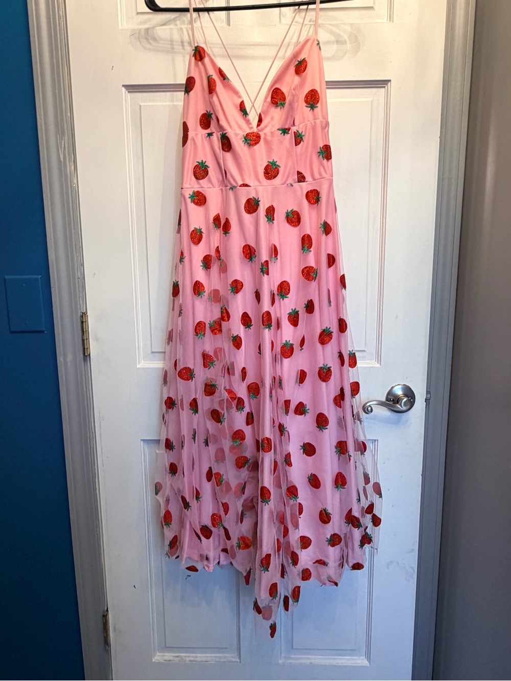 Pink Strawberry Print Spaghetti Strap Midi Dress